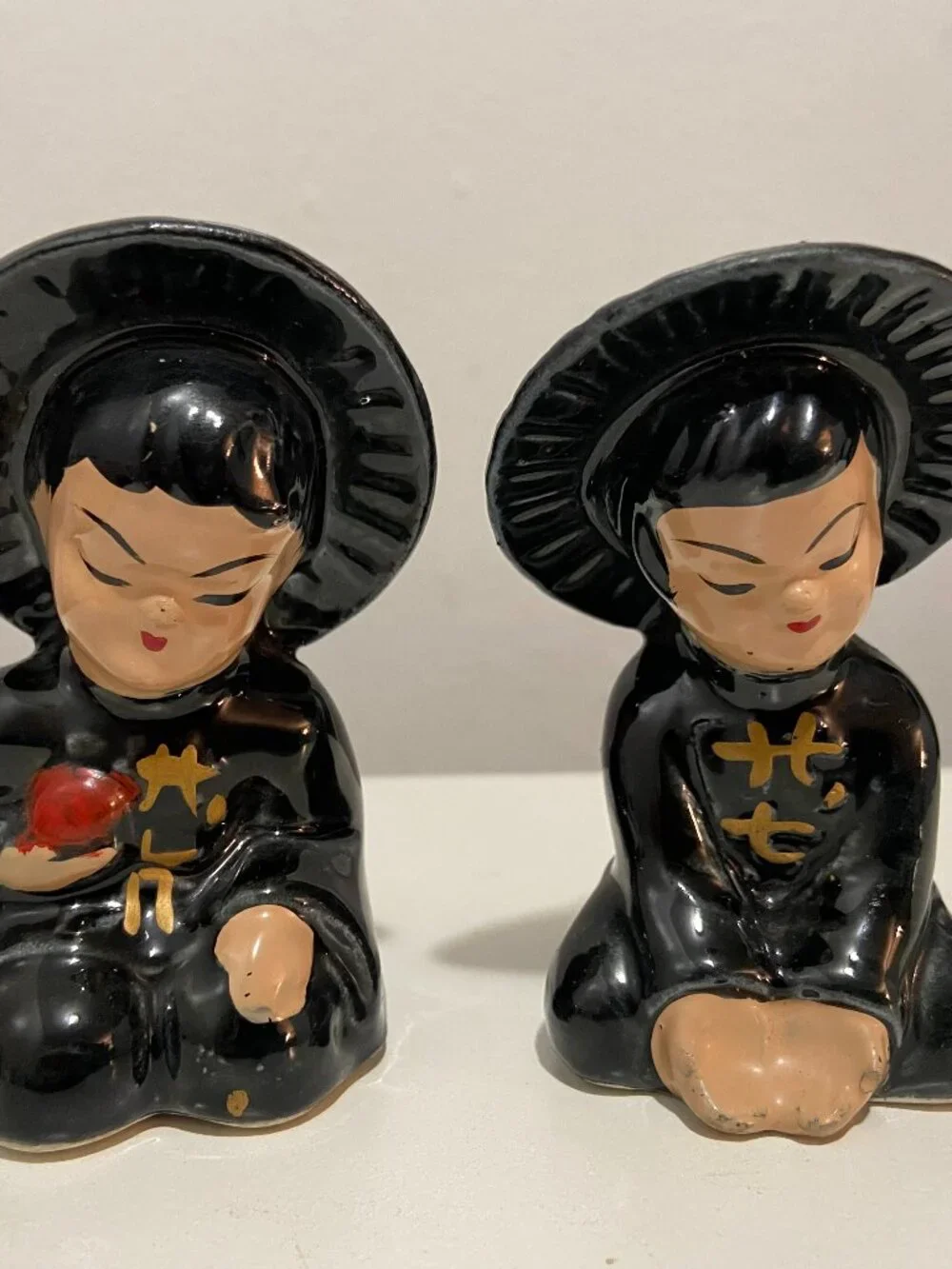 Antique Japan Boy & Girl Salt & Pepper Shakers Glazed MCM Vintage Set Japanese